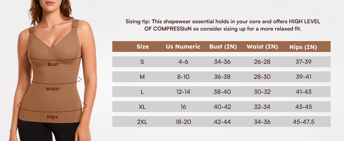Shaping tank top size chart