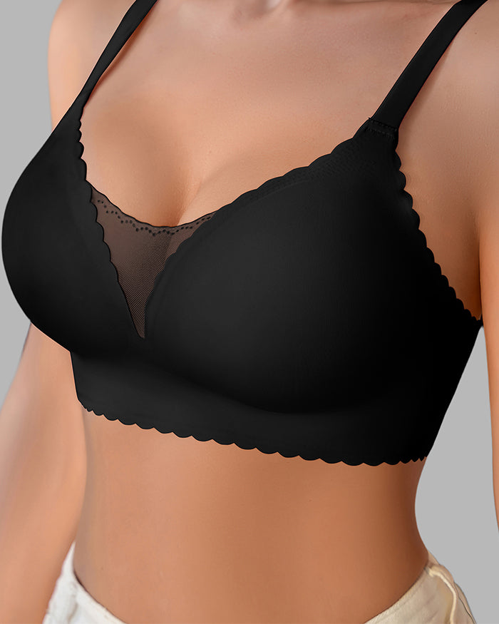 Wavy Trim Mesh Wireless Push Up Bras