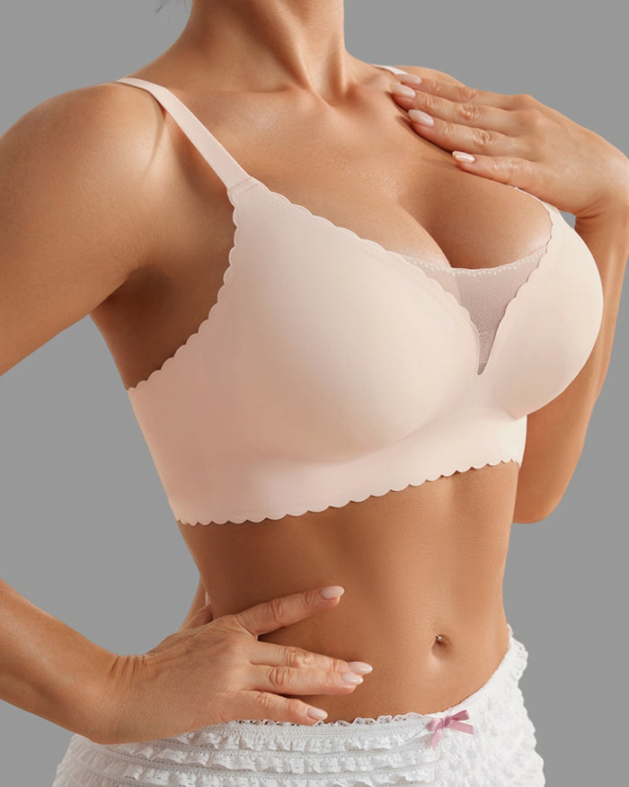 Wavy Trim Mesh Wireless Push Up Bras
